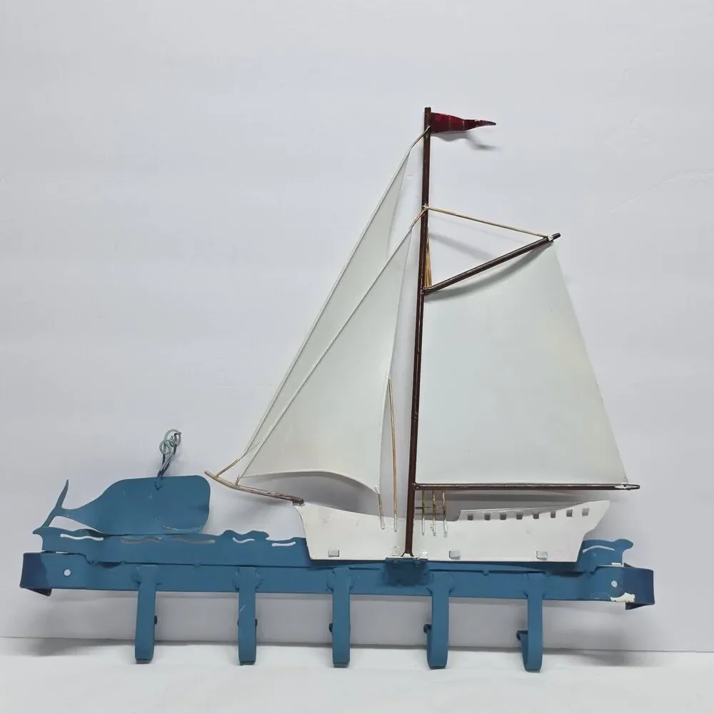 Vintage Metal Sailboat Ship And Whale Wall Hanger 5 Hooks Nautical Keys Holder
